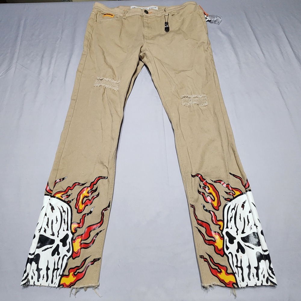 Brand X Mens Tan Skull Flame Graphic Distressed Twill Pants Streetwear 38x32